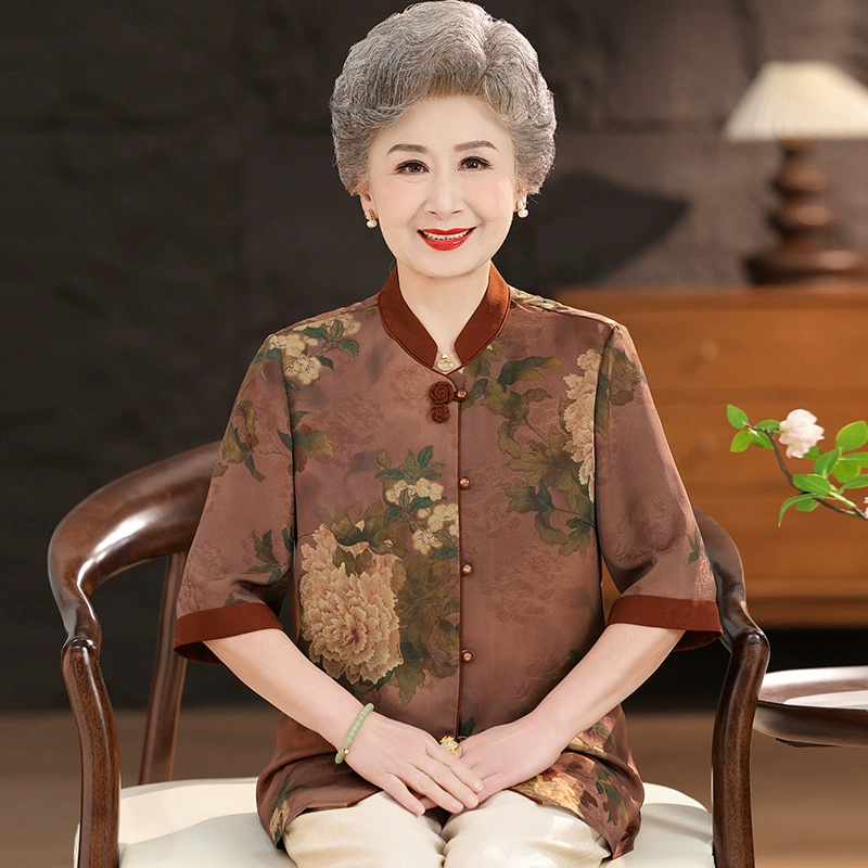 Пожилые летние платья бабушки рубашки семь очков рукава большой размер мама летняя тонкая рубашка старушка свекровь одежда
