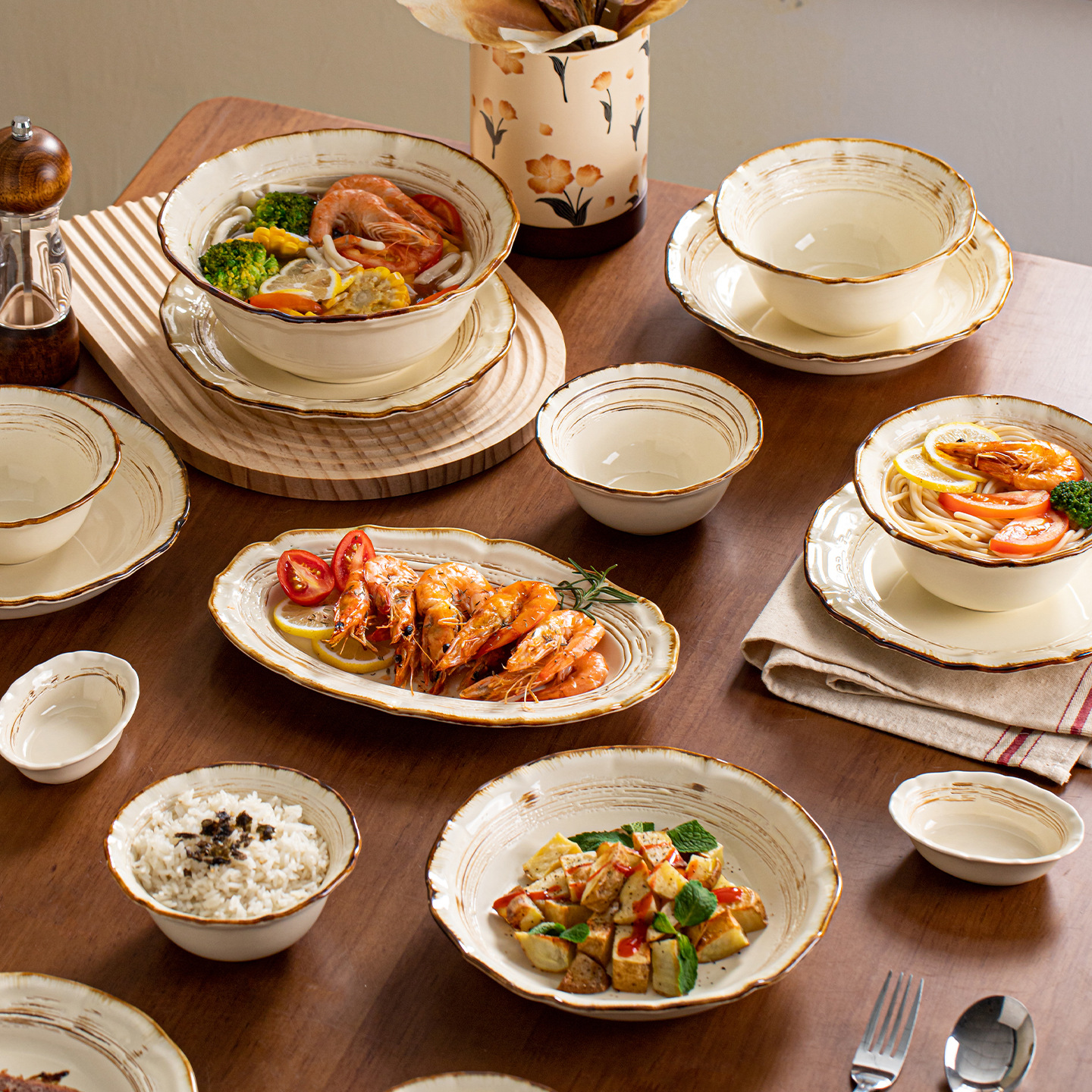 horno retro platos de arroz de cerámica de fideos de cerámica set de platos creativos Jingdezhen