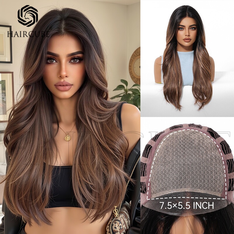 Mono Lace Glueless Lace Free Parting Large Area Forehead Lace Wig Headgear Brown Wavy Long Curly Hair