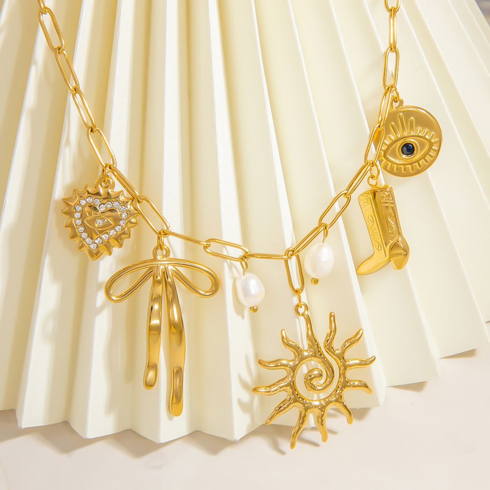 Real Gold Plated Plating Material 304 Stainless Steel Pendant Material PVD Coated Real Gold Plated 18K Gold Sun Heart Shape Bow Knot 304 Stainless Steel Elegant Streetwear Waterproof Non Tarnish 304 Stainless Steel Multi Charms Necklace