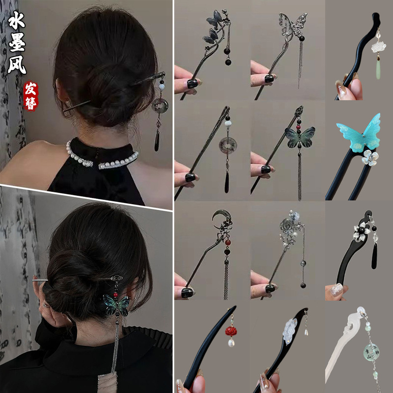 New Chinese Style High-End Niche Ancient Style Ink Painting Flower Hairpin Elegant Hairpin Retro Hairpin