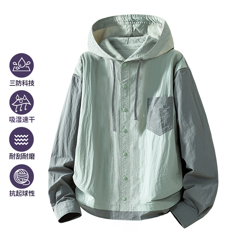 2026 New Men's Shirt-Style Jacket, Autumn Unisex Trendy Loose Fit Color-Block Hooded Long-Sleeve Shirt Coat