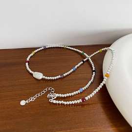 S925纯银彩色水晶珍珠银珠项链女 韩国简约小众设计款手工锁骨链