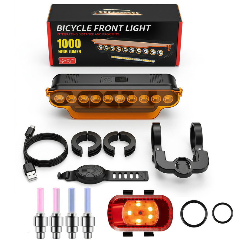 Bicycle light set, including front and rear lights, with high-brightness aluminum alloy housing, suitable for bicycles and mountain bikes, and featuring remote control for lighting Bicycle light set, including front and rear lights, with high-brightness aluminum alloy housing, suitable for bicycles and mountain bikes, and featuring remote control for lighting
