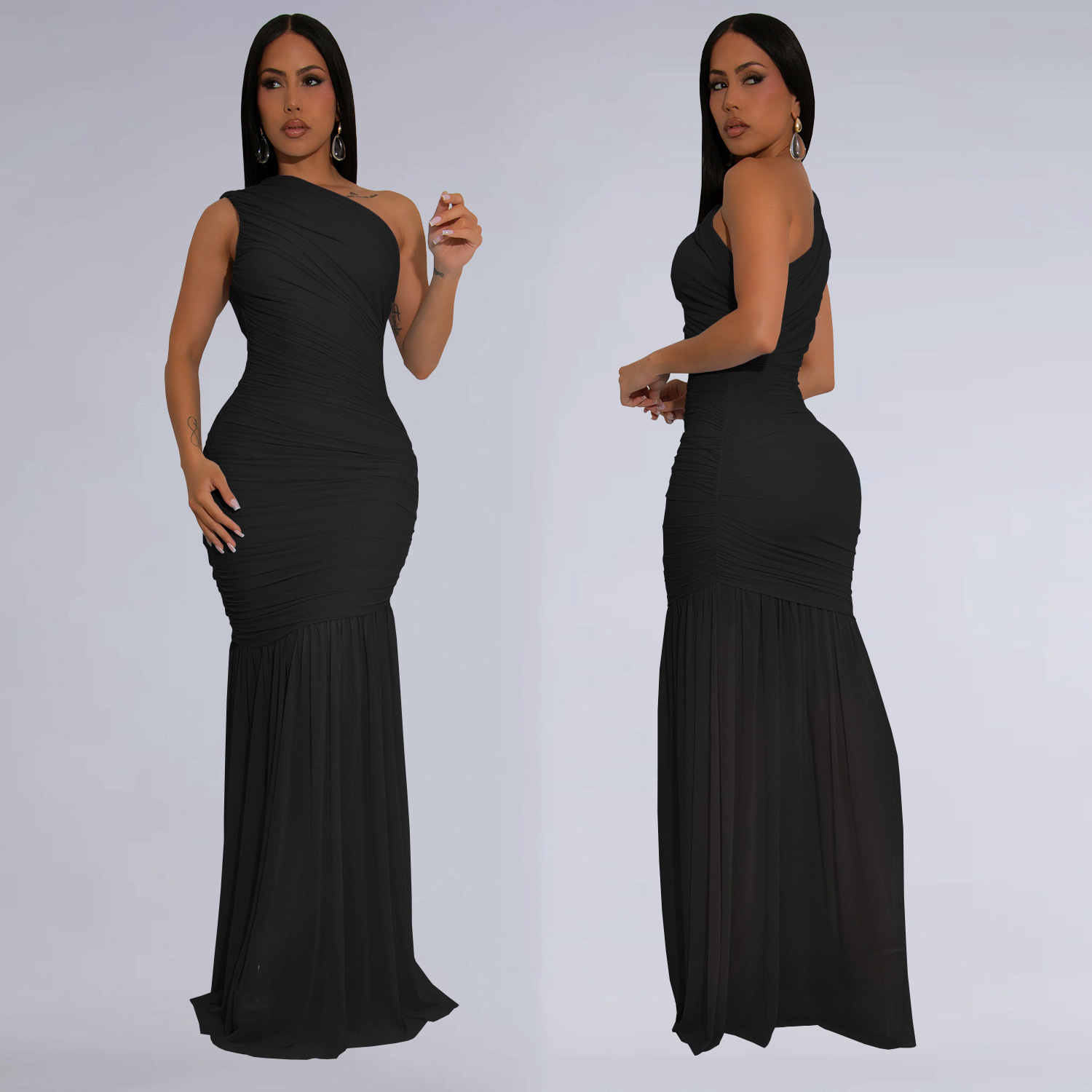 C7370 Cross-border AliExpress Amazon Moda europea y americana Vestido de color sólido transparente sexy con hombros inclinados image 4