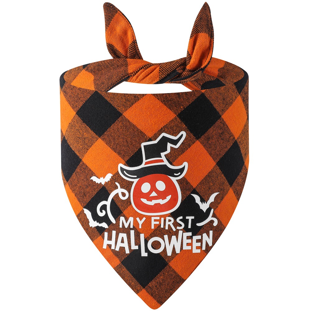 Transfronterizo nuevo algodón a cuadros Halloween mascota triángulo toalla perro saliva Toalla de Halloween PET babero fabricante