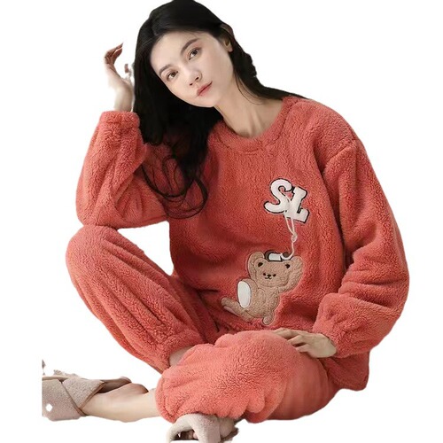 Foreign trade cross-border coral velvet pajamas for women in winter cute plus velvet thickened warm flannel new home wear set