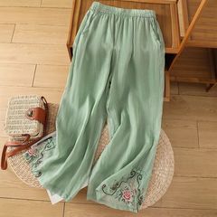 文芸復古減齢綿麻広脚ズボン女装カジュアルパンツ夏新中国式グリーン刺繍ズボンが腰を緩めている