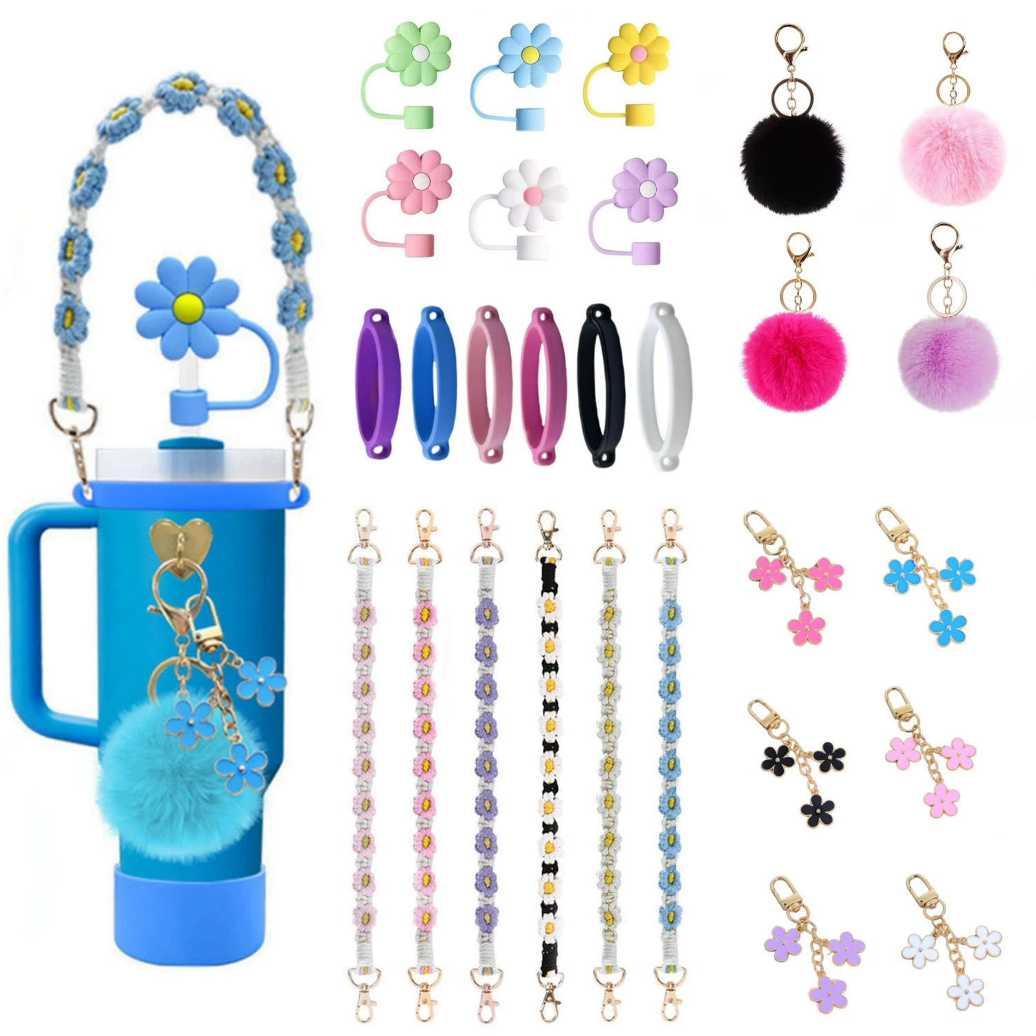 Набор из семи колец для чашек, силиконовых чехлов для чашек, чехлов для чашек Stanley, канатов для сумок, ремешков для чашек-термосов, цветочных канатов.