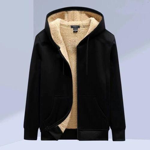 Men's winter warm sheepskin-lined padded coat loose pants set, fashionable top with thermal hoodie