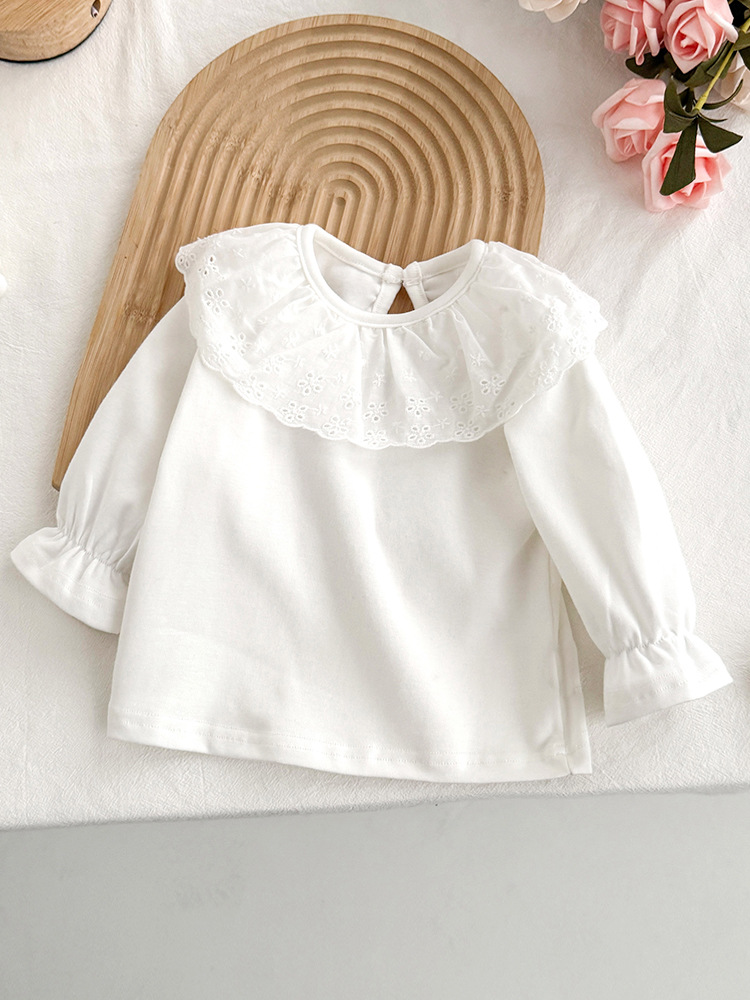 Ins bebé camisa de fondo princesa primavera y otoño top mujer bebé primavera blanco todo fósforo cuello de hoja de loto camiseta de manga larga para niña