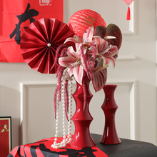 ✅新款复古陶瓷花瓶感摆件ins风新年红色中古高颜值水培插花