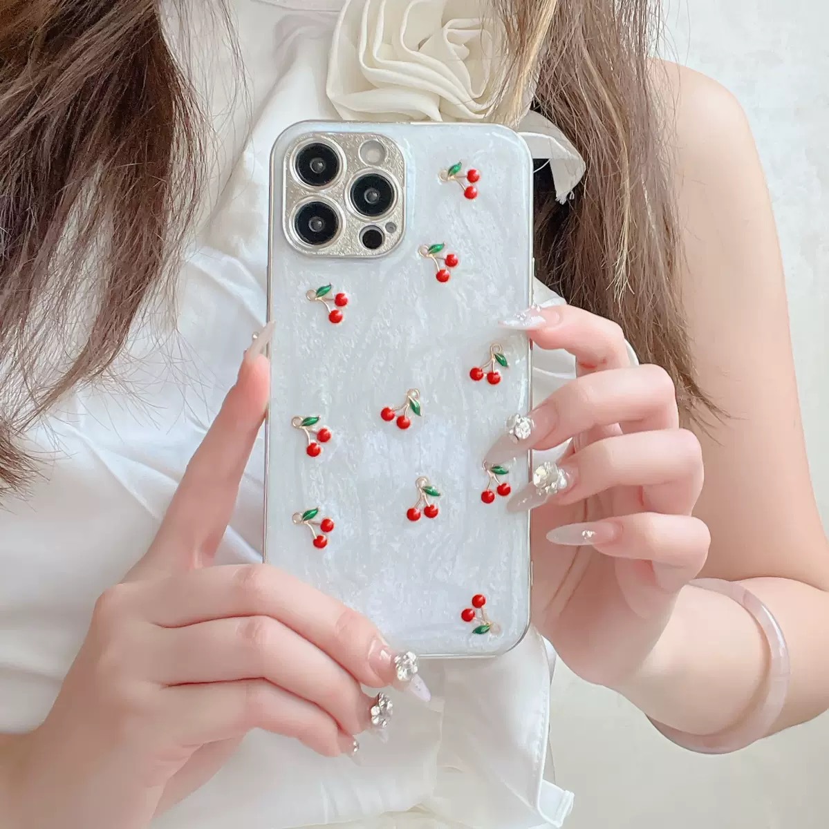 Light Luxury Electroplated Summer Drop Glue Full Screen Red Cherry Apple 16promax Phone Case Cute Simple