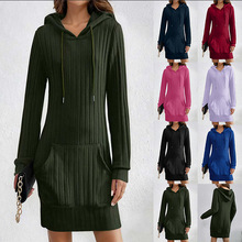 欧美跨境TUME外贸2025秋冬新款针织衫连帽坑条口袋长袖连衣裙女装