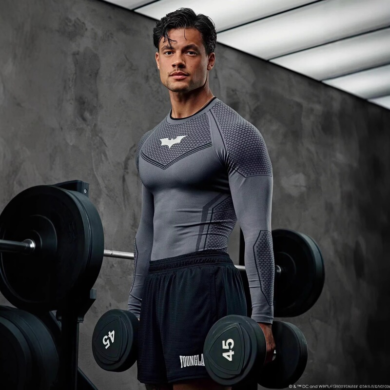 Cross-Border Youngla Collaboration Batman New Long-Sleeve Tight-Fitting T-Shirt for Joggers, Sports, Fitness, Running Training, Quick-Dry