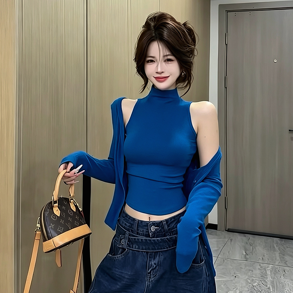 Korean-style hot girl half-high collar sleeveless t-shirt for women + long-sleeve cardigan slim-fit waist-cinching autumn two-piece top set 26260-1