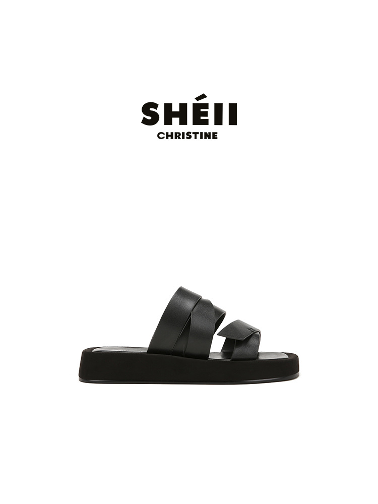 [Sheii Su Yinyin] Arrastre alrededor ~ Pantuflas de ocio de vacaciones de playa de suela gruesa de cabeza cuadrada, sandalias de mujer, verano