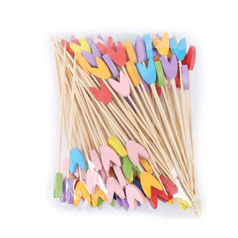 100 piezas/paquete de palos de cóctel, líneas de colores, personalidad creativa, palos de bambú tallados en troncos, palos de frutas desechables