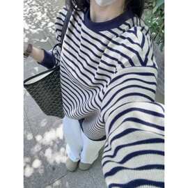 克华棉 +后包 原版面料 藏青条纹拼接卫衣女其他兔毛针织