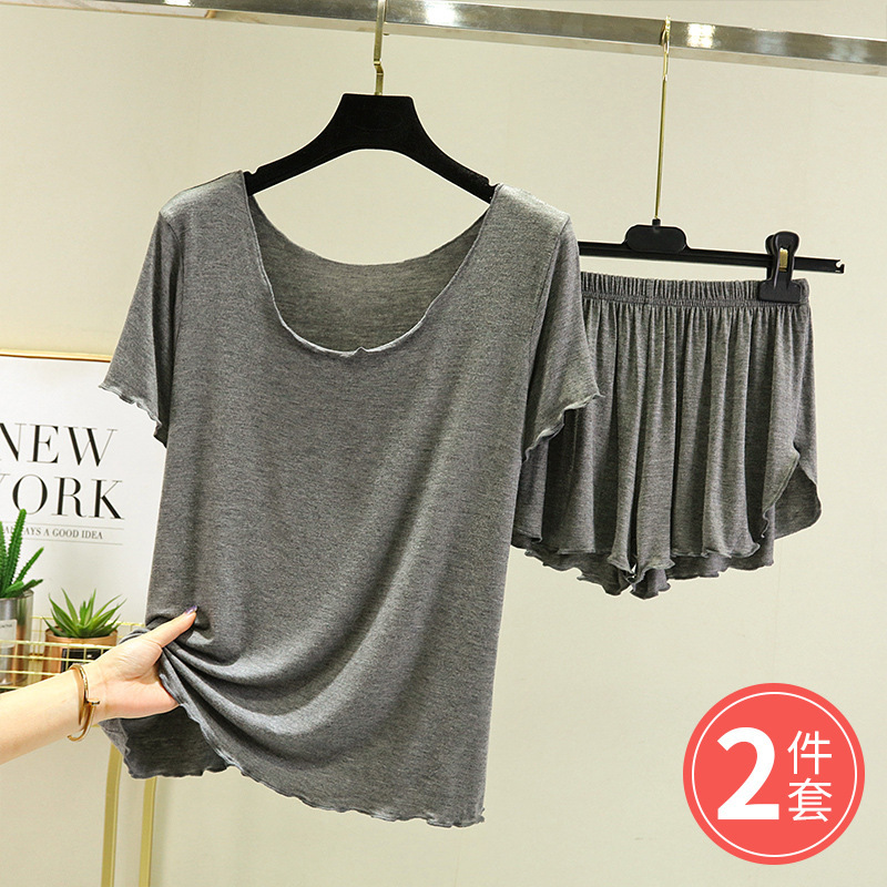 Modal Short-Sleeved T-Shirt Women's Summer Lace Bottoming Shirt Loose Large Size Shorts Top Home Pajamas Set