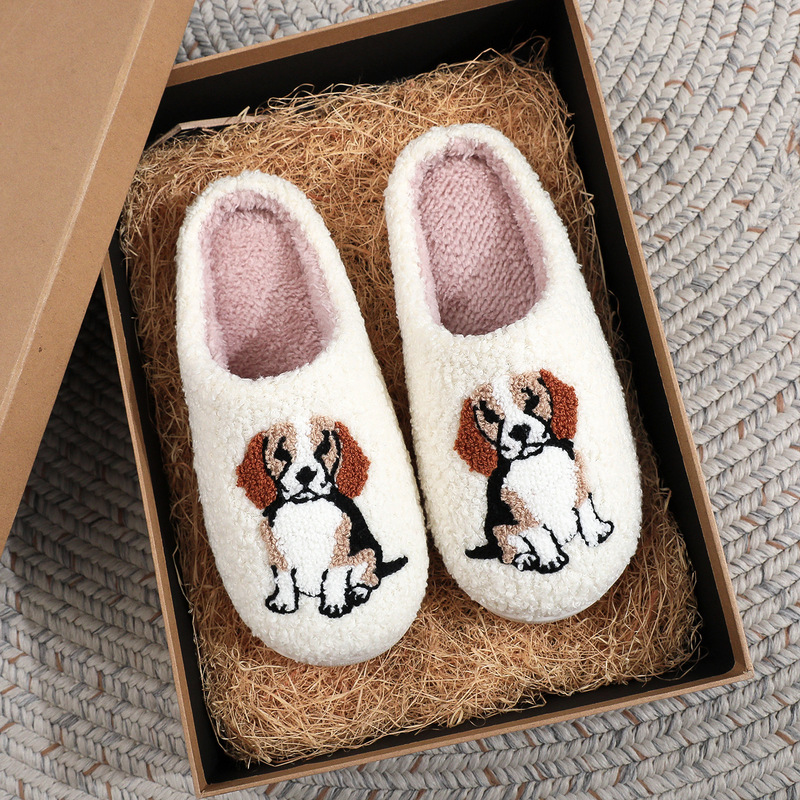 Cross-Border Autumn and Winter Plush Dog Slippers for Men, Indoor Non-Slip Cute Cartoon Dog Slippers for Women