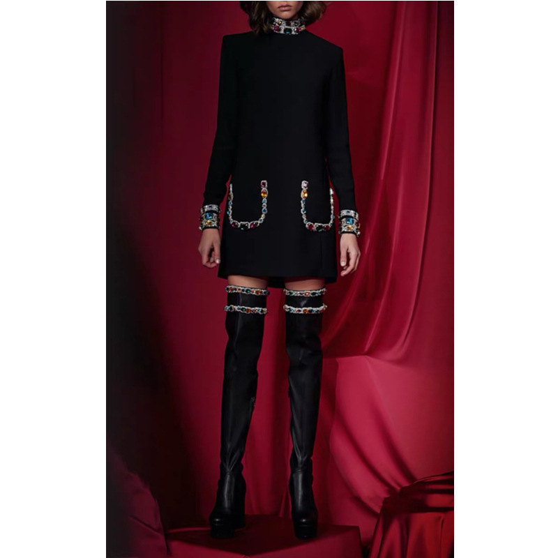 Autumn and Winter European and American Niche Trendy Brand Color Rhinestone Decoration Fashion Goddess Fan High Neck Straight Dress