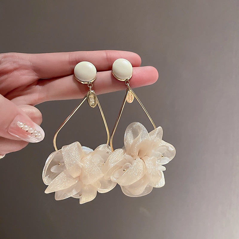 Fashion Exaggerated Crystal Fabric Flower Long Earrings Wholesale display picture 2