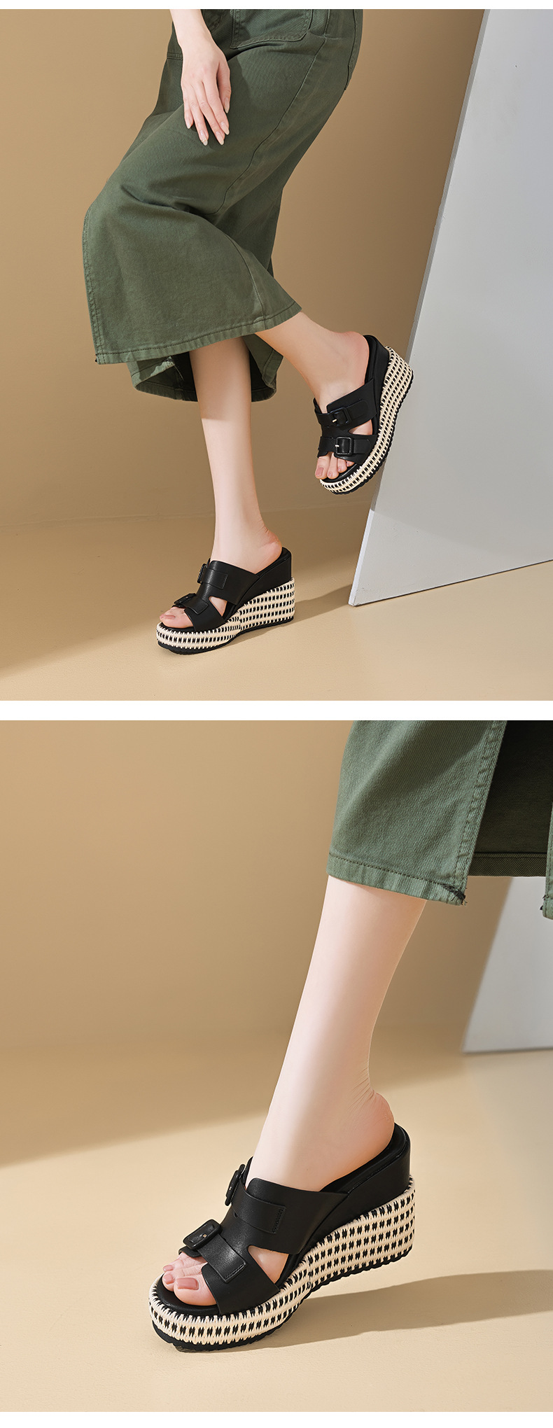 Sandal cao gót nữ đế xuồng da thật quai khóa mũi hở — màu đen, màu nâu nhạt, Trắng kem- chi tiết 12