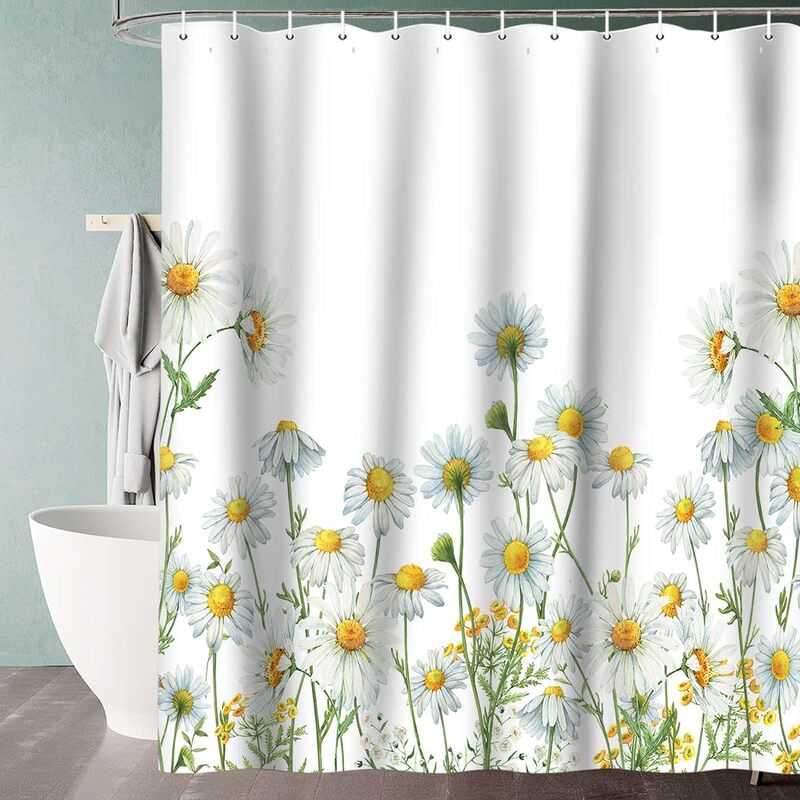 Floral Daisy Shower Curtain Fabric Rustic Farmhouse Shower Curtain Set White Daisy Bathroom Curtain with 12 Hooks White