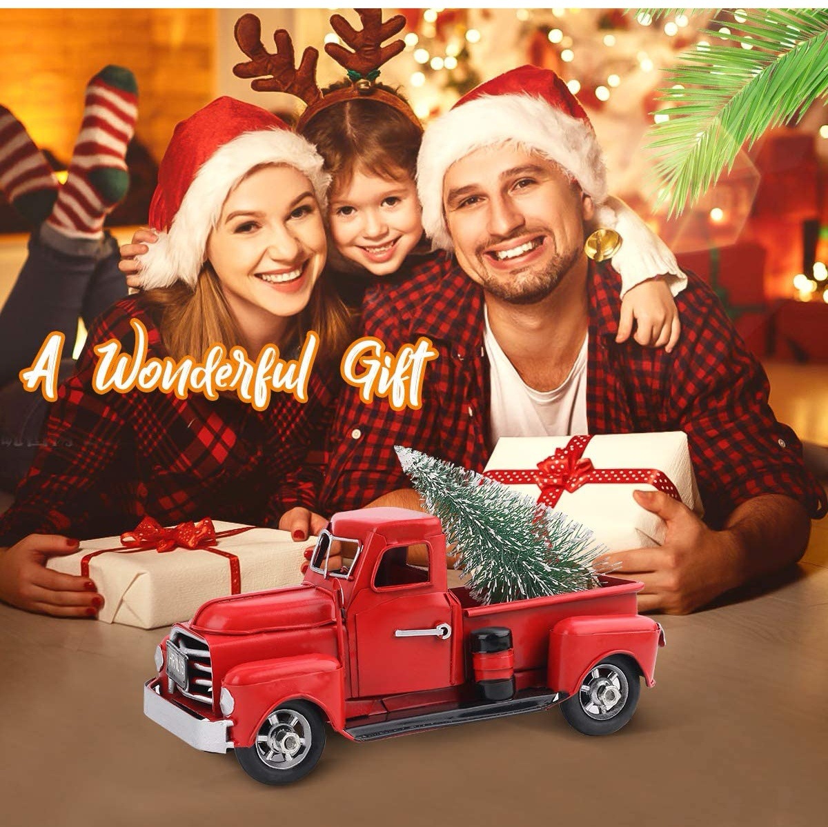 アマゾン越境レトロレッドトラック装飾メタルミニカー模型鉄製置物クリスマスデコレーションギフト