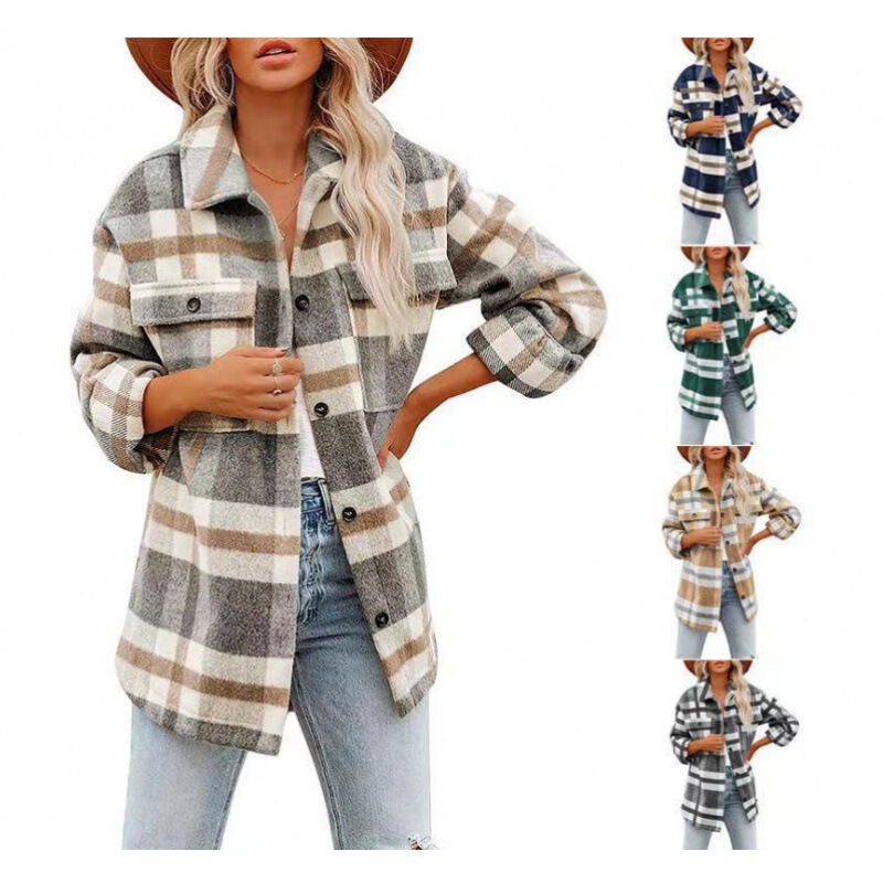 2025 Autumn European and American Foreign Trade New Amazon Hot-Selling Women's Woolen Plaid Shirt Flannel Loose Shirt