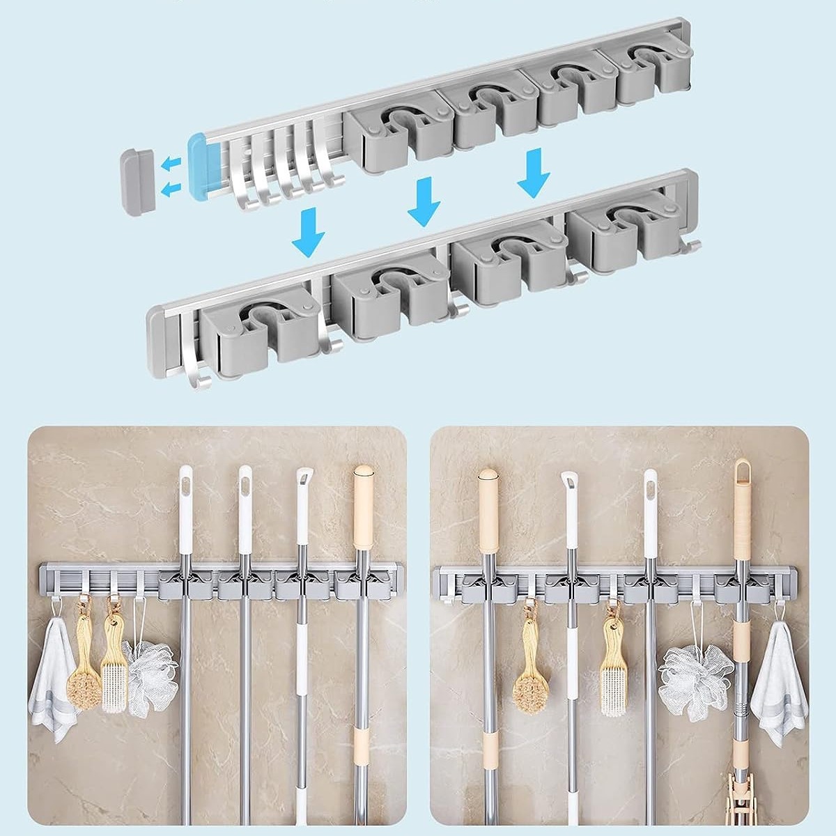 Estante de la fregona de almacenamiento de baño de cocina montado en la pared clip de la fregona espacio libre de aluminio fregona escoba rack de almacenamiento
