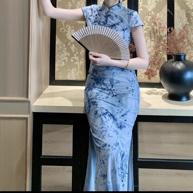 Plum Blossom Chinese Style Retro Modified For Women, Summer Cheongsam Collar Waist-Cinching Dress, 2025 New Model,_ecoleips.com
