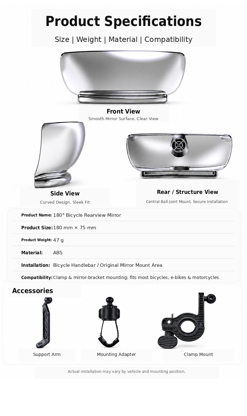 Motorcycle and bicycle wide-angle auxiliary rearview mirror, electric vehicle reflector, blind spot mirror, adjustable angle, car mirror accessories