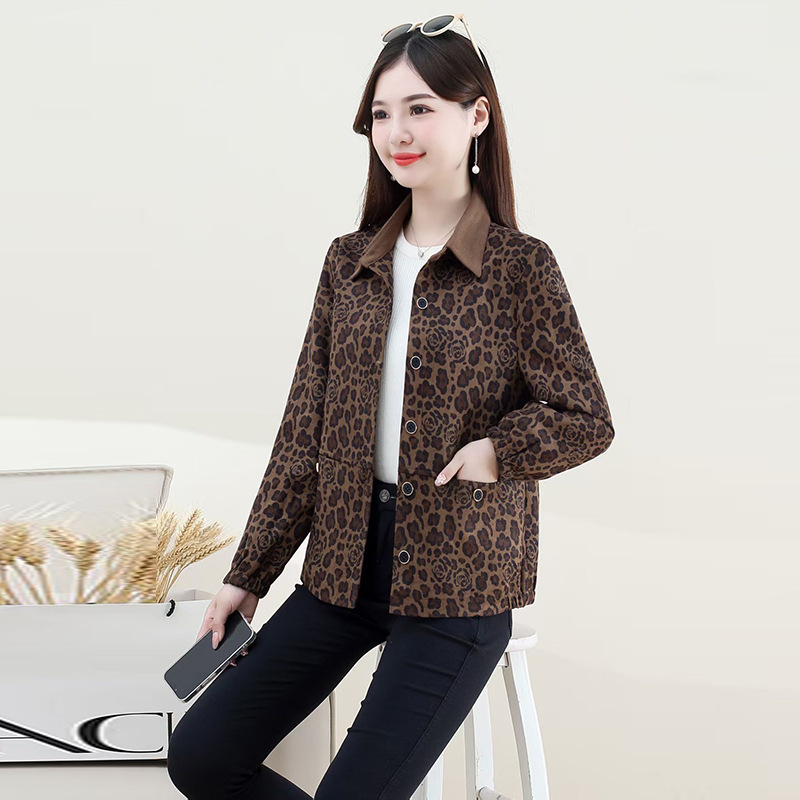 妈妈春秋装时尚翻领印花外套小个子长袖上衣中老年女装夹克短外套|undefined