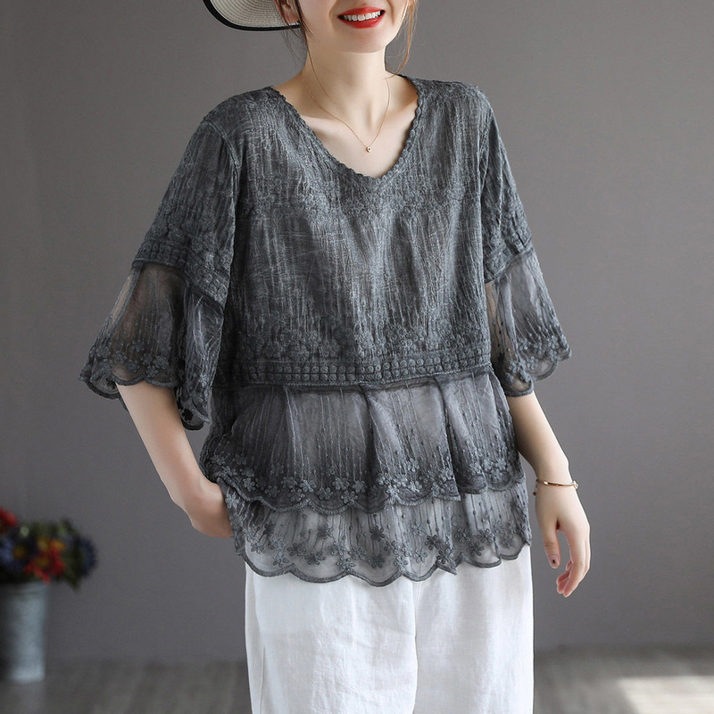Lace Cotton Linen Half Sleeve T-shirt Women's Summer New Retro Loose Belly Covering Embroidered Thin Top
