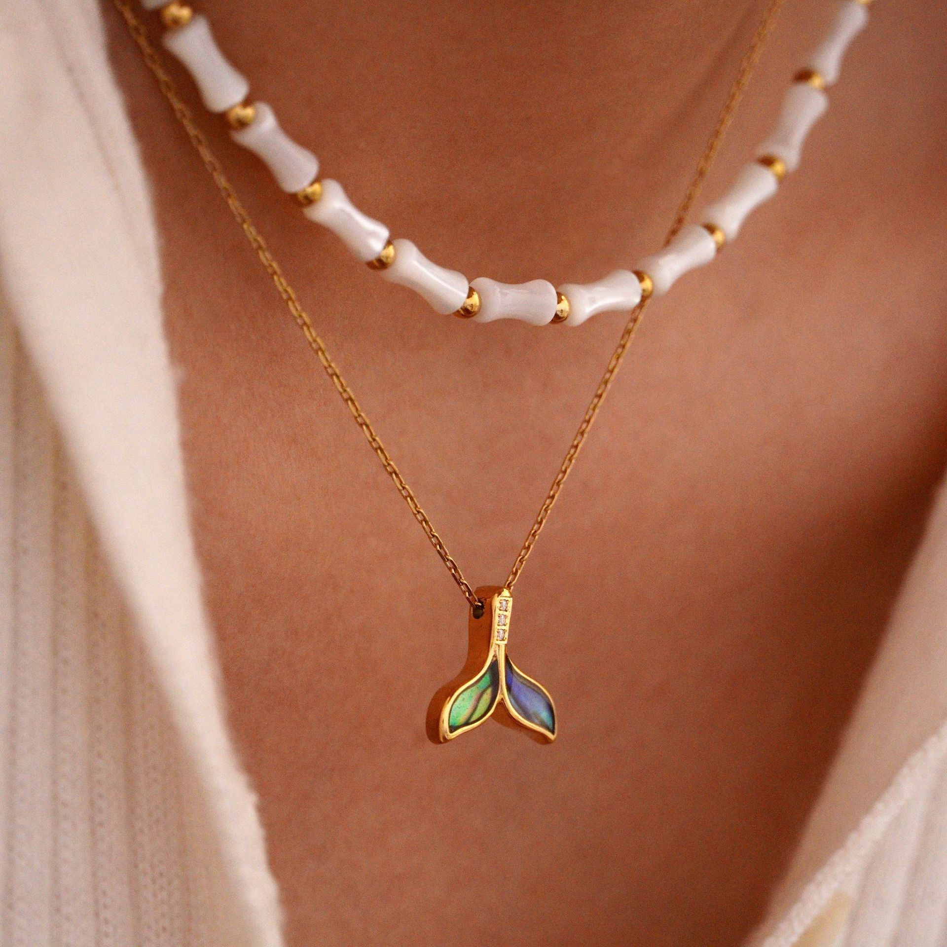 Shell, Zircon Inlay Material Pendant Necklace Classification Natural Stone Titanium Steel Casual Beaded Inlay Geometric Fish Tail Shell Zircon Pendant Necklace