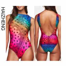 2024海正制衣新款欧美欧沙滩比基尼彩色花纹紧身性感连体泳衣跨境