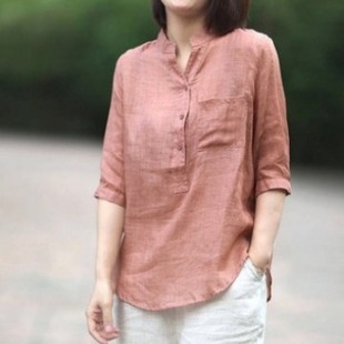 Korean style casual cotton and linen stand collar shirt for women 2024 Summer new loose casual half sleeve thin top one-piece delivery