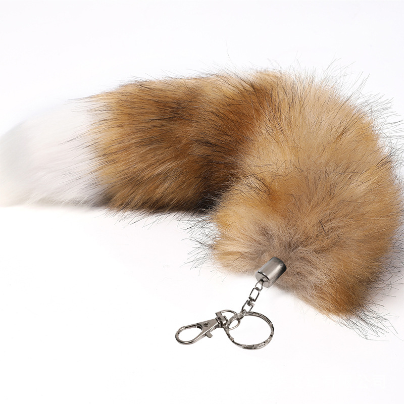 LLavero de cola de zorro de gran tamaño colgante de las mujeres llavero de coche bolsa colgante de piel real
