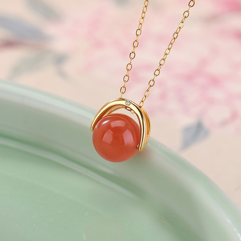 Mặt dây chuyền bạc S925 mạ vàng hồng đính mã não mật ong sáp — Tiền thủy hồng (không bao gồm dây xích)