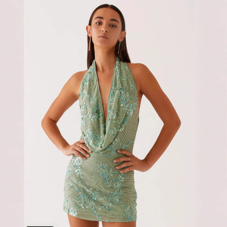 European and American Elegant V Neck Printed Halterneck Dress for Women 2025 Summer New Style Bead Tube Sequined Slim Skirt