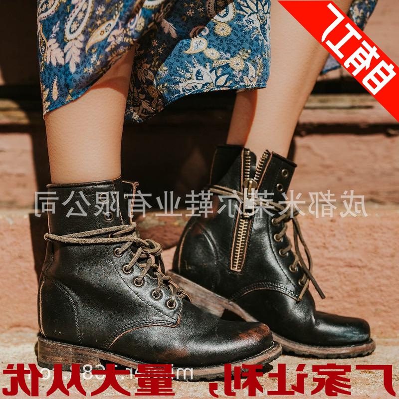 现货2019夏季圆头英伦女式皮靴前系带低跟马丁靴男鞋代理加盟