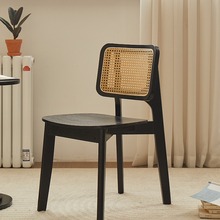 中古藤编餐椅家用现代藤椅北欧靠背椅子复古设计师黑色实木餐桌椅