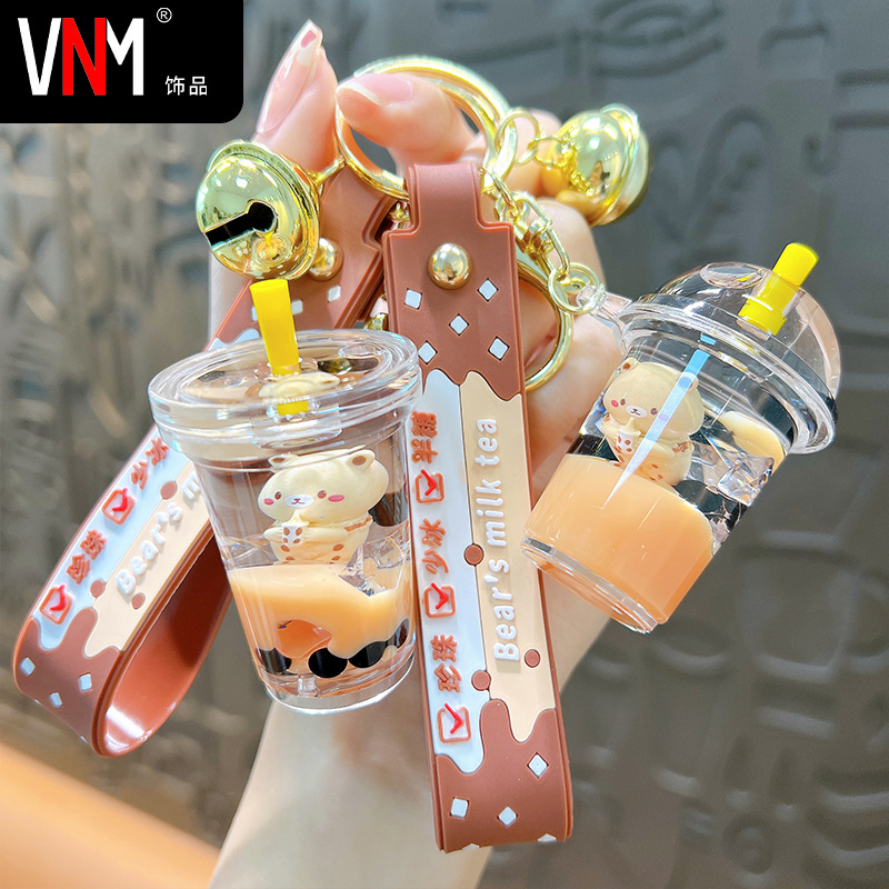 cute cartoon oil bear milky tea cup keychain creative couple trend vehicle key chain handbag pendant wholesale