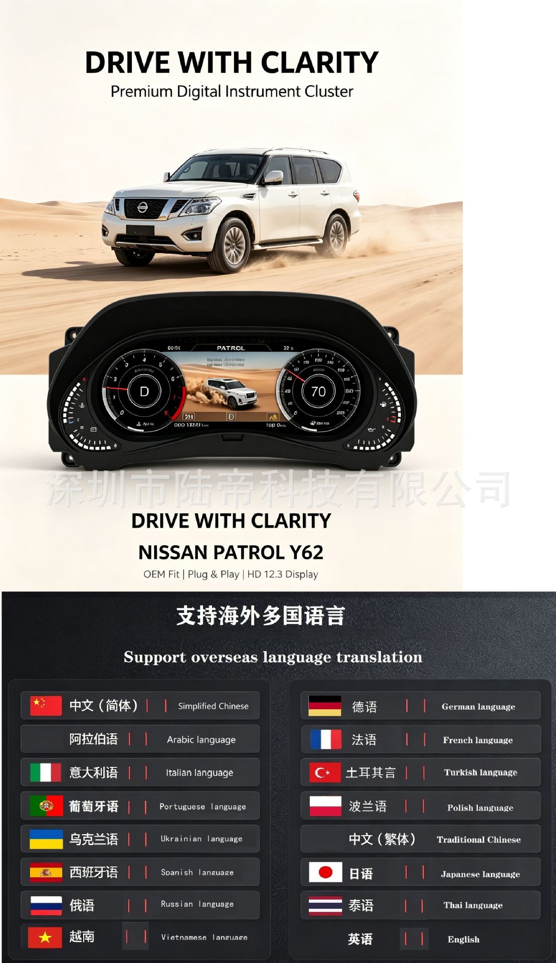 Suitable for Nissan Patrol Y62 and Infiniti Qx Series Modification and Upgrade to Full Lcd Instrument Panel 12.3inch