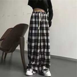 含棉格子裤子女秋小个子直筒宽松显瘦高腰休闲拖地裤