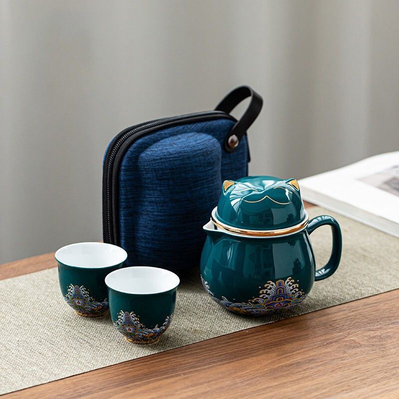 Juego de Té de Viaje Portátil de 2 Tazas, Cerámica, para Viaje
