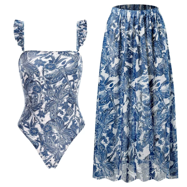 Y60 blue dragonfly mesh skirt suit