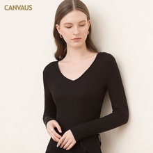 CANVAUS秋季女装V领修身薄款打底衫女长袖鸡心领显瘦弹力秋衣小衫